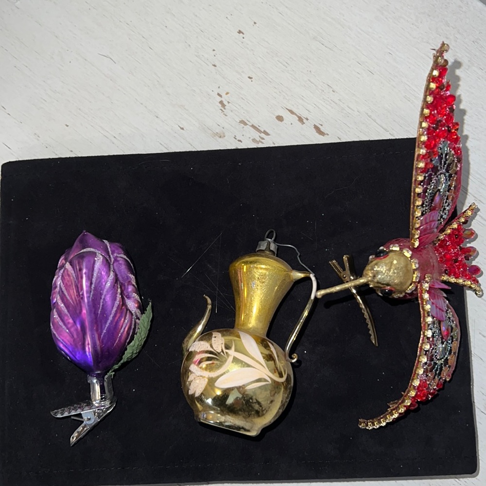 3 Antique & vintage Christmas ornaments glass teapot clip on bird clip on rose